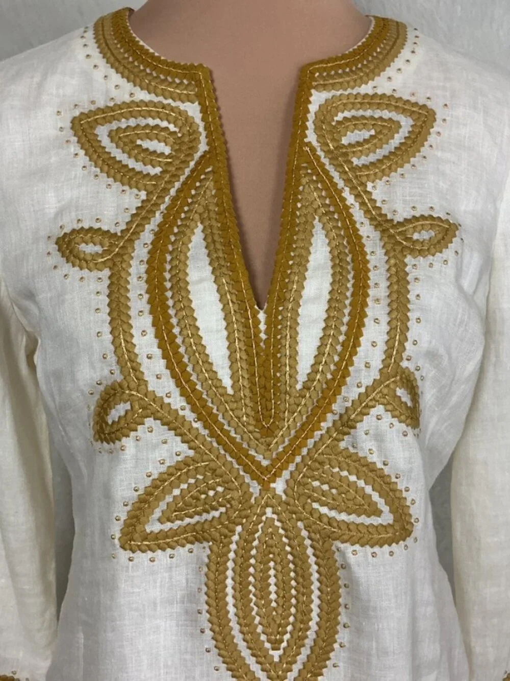 Tory Burch Ivory Yellow Gold Embroidered Linen Caftan Mini Dress Tunic 6